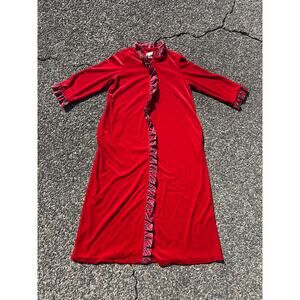 Vintage china Satin robe 100% polyester 80s plaid frilly soft red USA made med